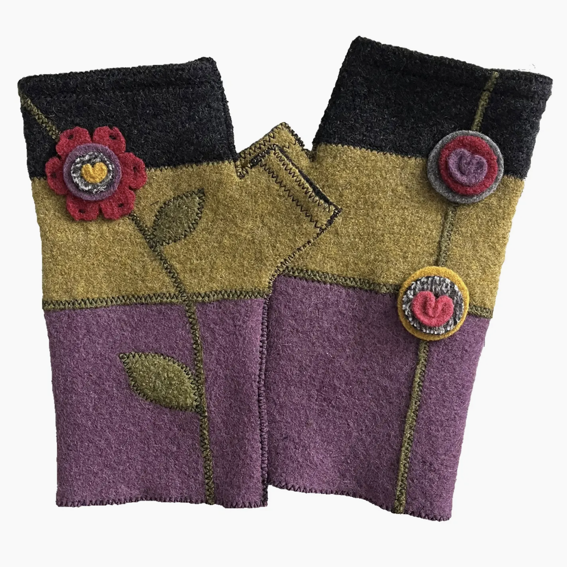 Woolflower Womens Black Flower Wool Fingerless Gloves