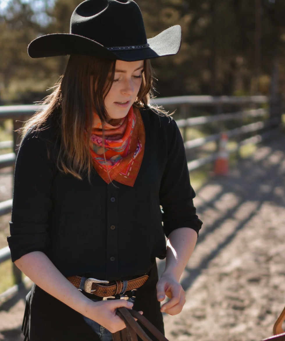 Tirzah Lane Art Tencel and Silk Scarf - Rust Rodeo Red Floral Western Cowgirl