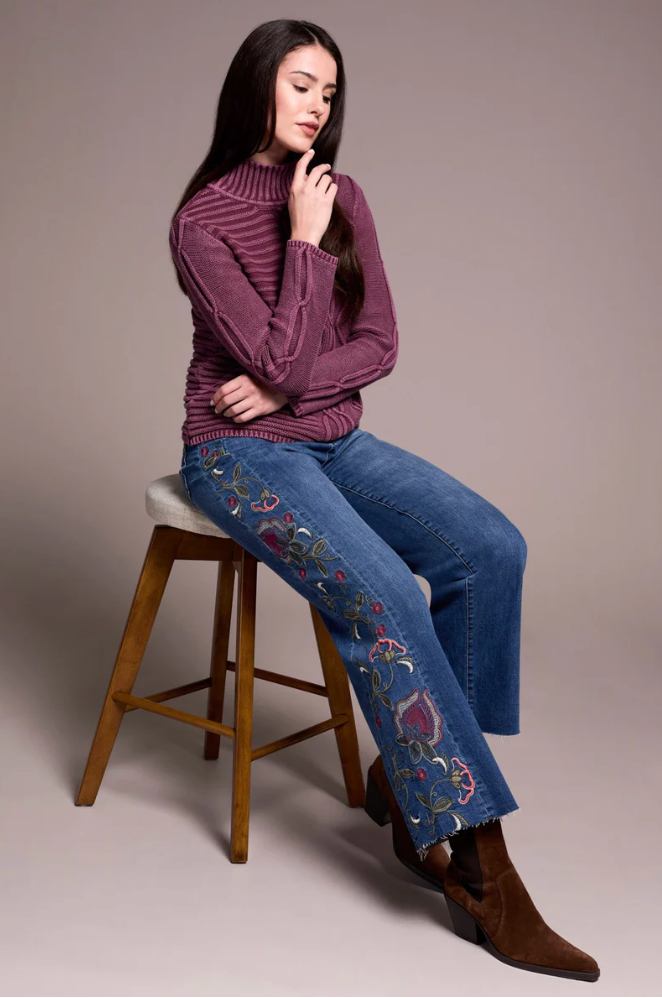 Tribal Womens LS Vintage Washed Cable Mock Sweater
