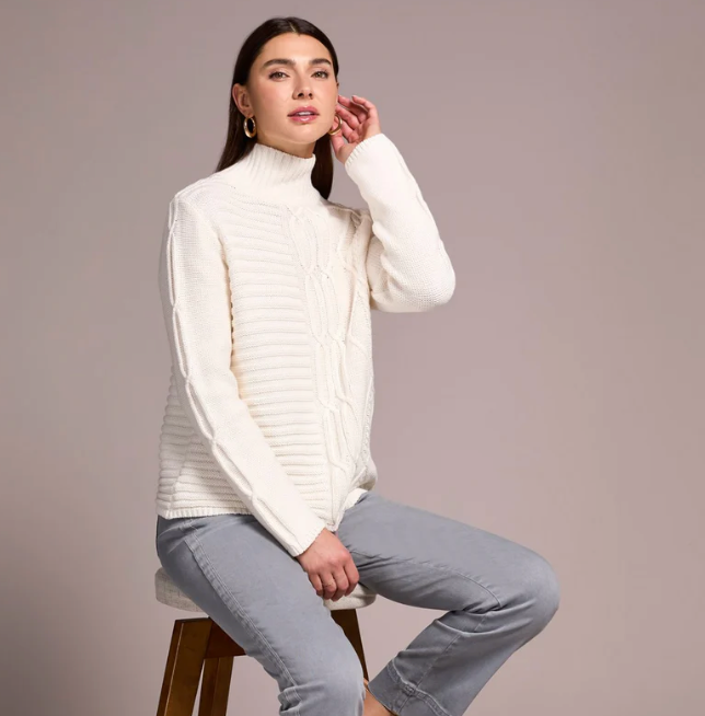 Tribal Womens LS Vintage Washed Cable Mock Sweater