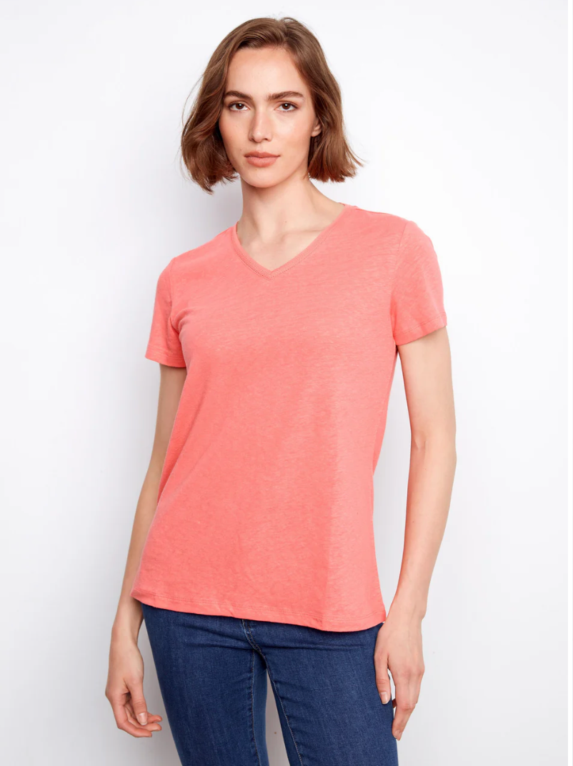 Charlie B Womens Linen V-Neck T-Shirt