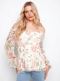 Charlie B Womens Printed Balloon Sleeve Blouse