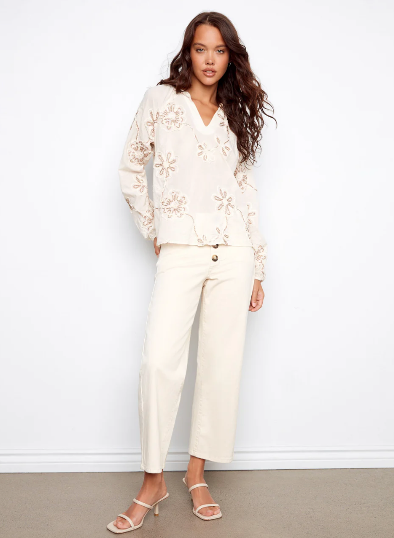 Charlie B Embroidered Cotton Popover Blouse
