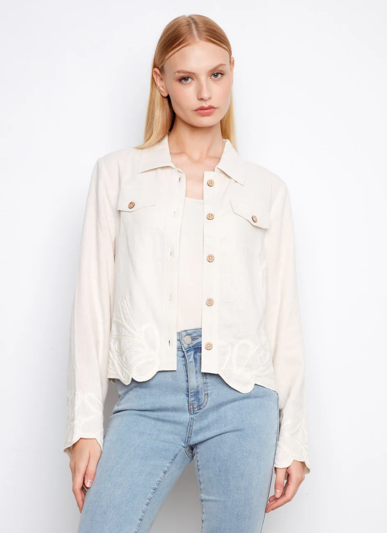 Charlie B Womens Linen Jacket with Embroidered Hem