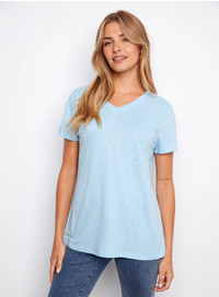 Charlie B Womens Foil Printed Linen V-Neck T-Shirt