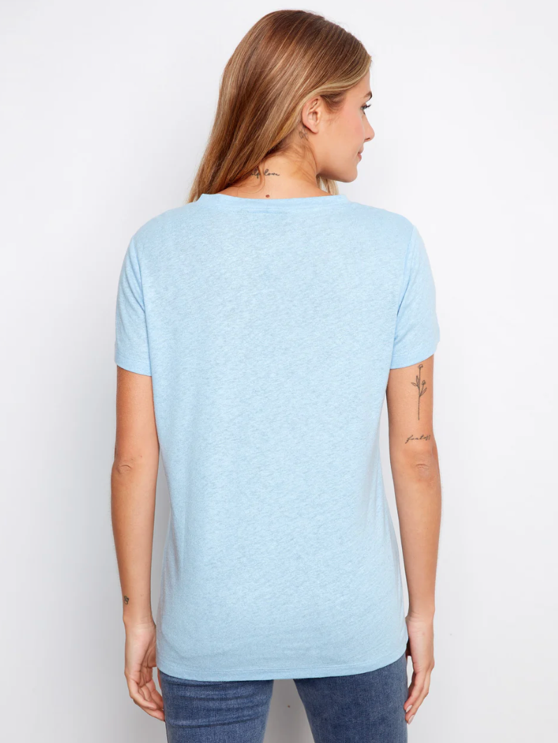 Charlie B Womens Foil Printed Linen V-Neck T-Shirt