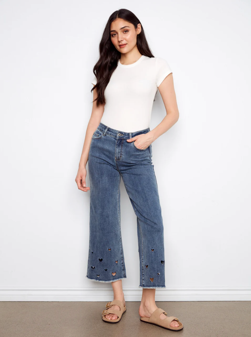 Charlie B Womens Wide Leg Heart Cut Out Jean
