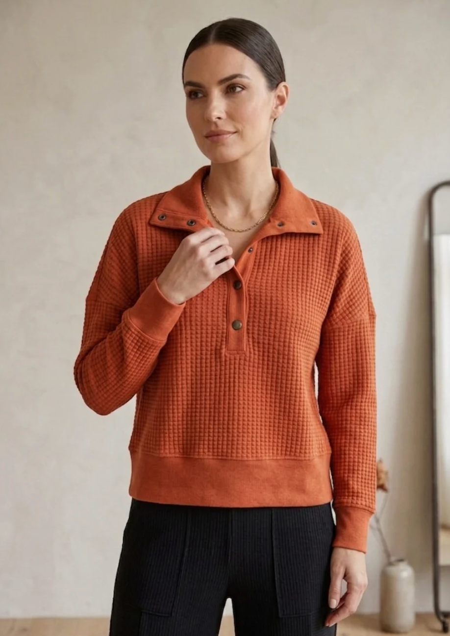 Waffle Knit Top With Collar