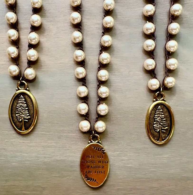 Twist Style Glass Pearls with Tree Pendant Necklace