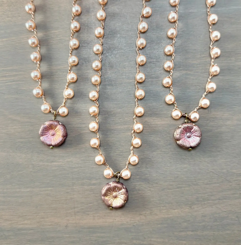 Twist Style Raspberry Shimmer Glass Flower Pendant with Glass Pearls Necklace