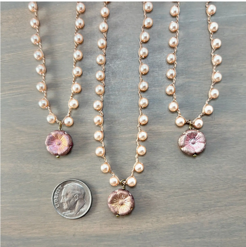 Twist Style Raspberry Shimmer Glass Flower Pendant with Glass Pearls Necklace