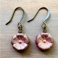 Twist Style Raspberry Shimmer Pressed Glass Flower Earrings