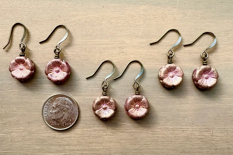 Twist Style Raspberry Shimmer Pressed Glass Flower Earrings