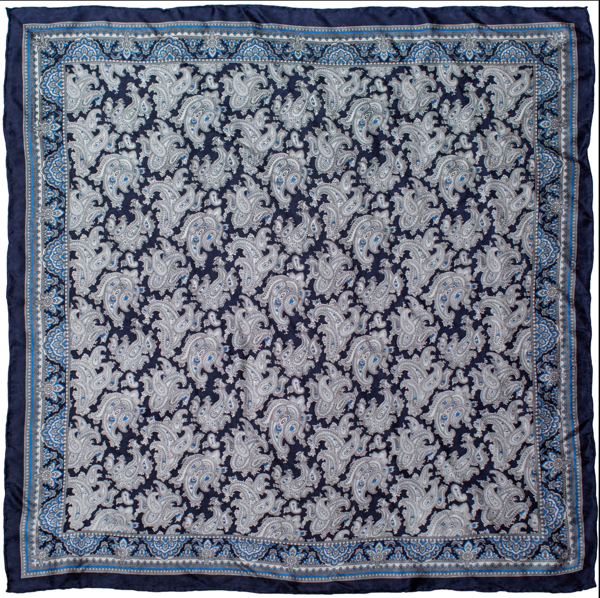 Wyoming Traders Paisley Silver Cobalt Silk Scarf