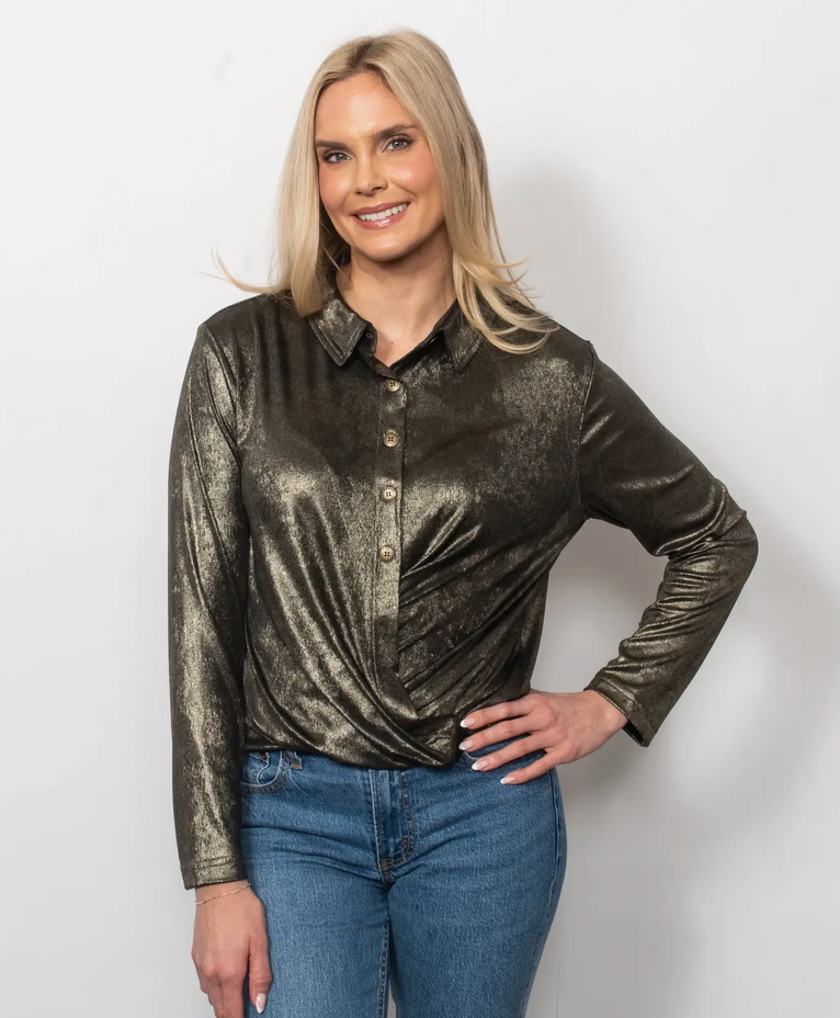 SnoSkins Womens Metallic Twist Front Collared Shirt