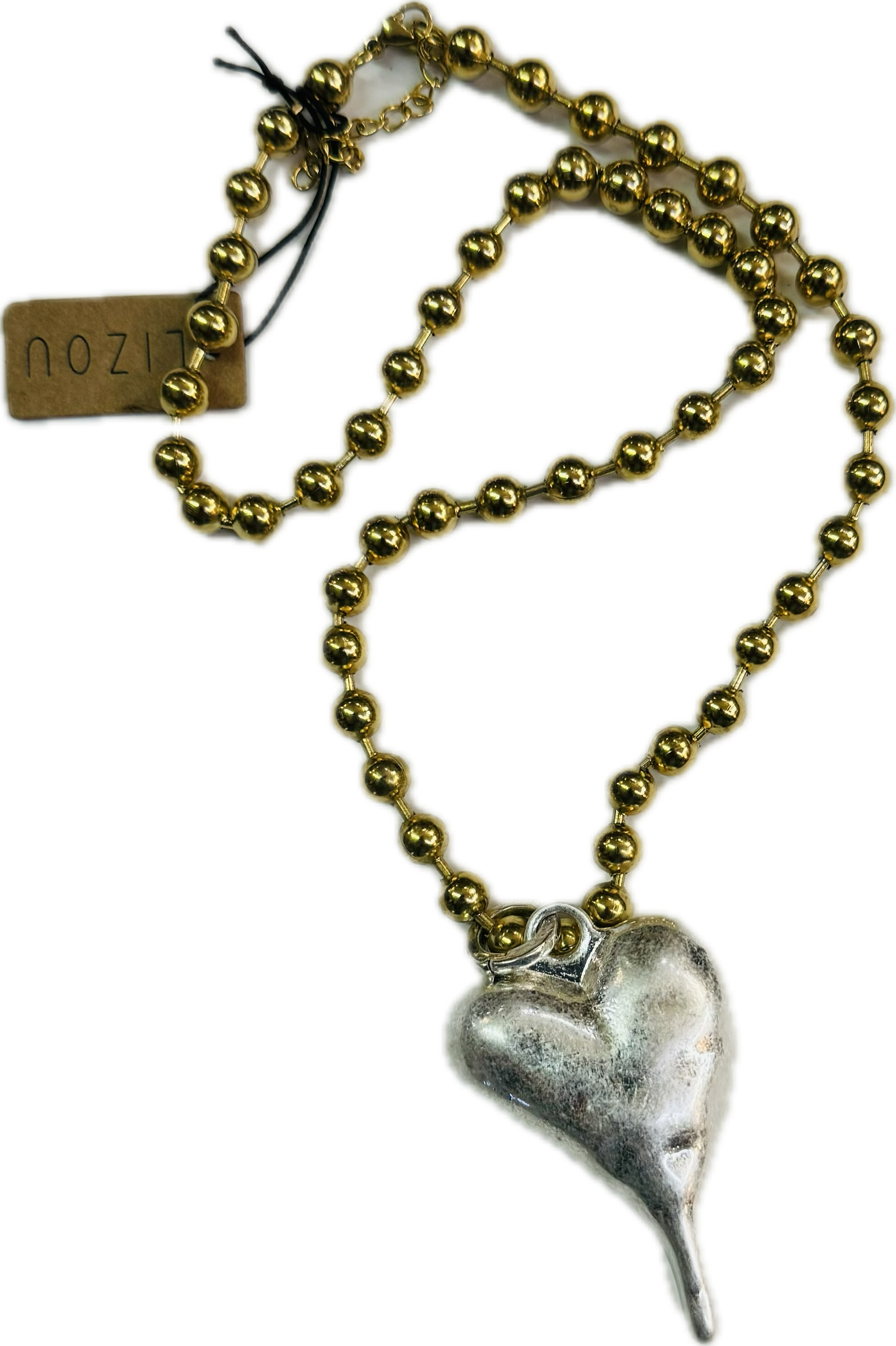 Lizou Single Gold Ball Chain Heart Necklace - Chunky Silver Heart