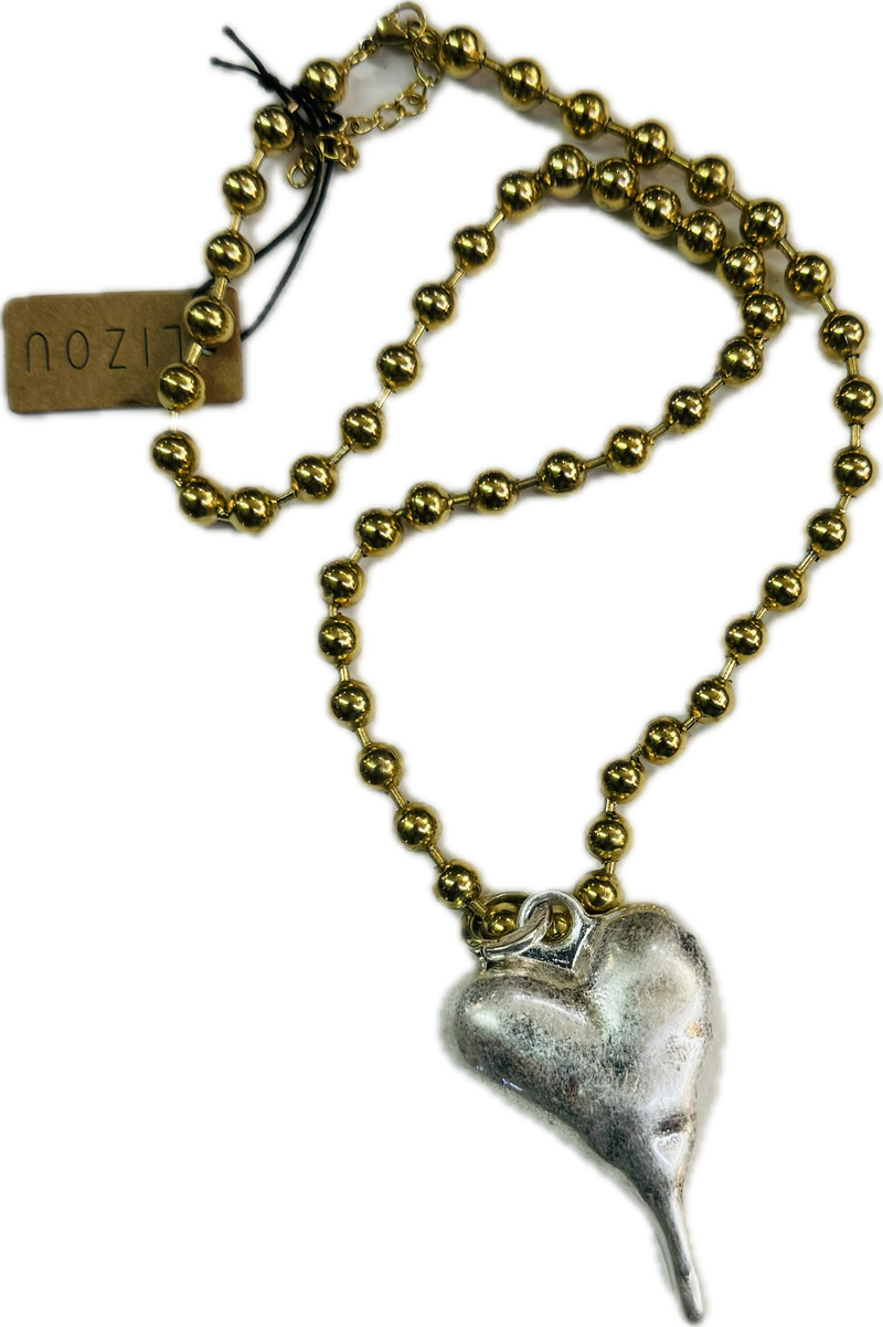 Lizou Single Gold Ball Chain Heart Necklace - Chunky Silver Heart