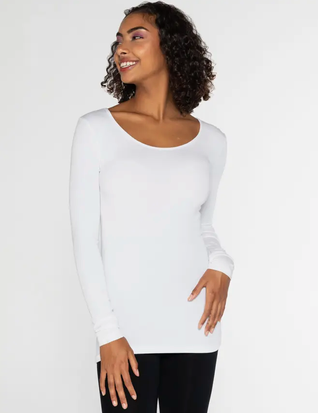 C'est Moi Womens Long-Sleeve Bamboo Scoop Neck Top - White